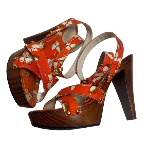 Gucci Orange Crane Wood Block Heels Sandals Sz. 8 - Picture 3 of 13